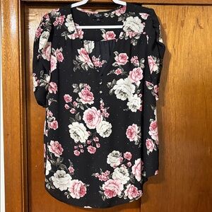 Torrid Black Blouse with Pink and White Floral Design